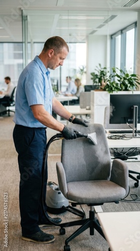 Male professional cleaner vacuuming grey office chair upholstery using hot water extraction machine in modern workspace.