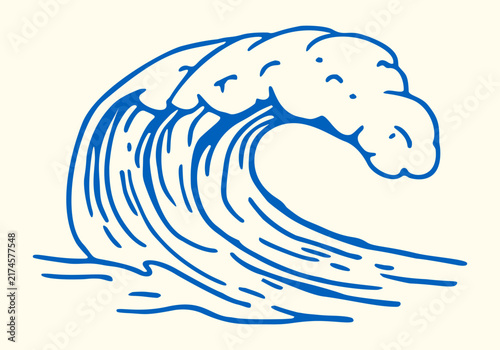 Photography Big ocean curling wave line art vector illustration for surfing and summer backg
