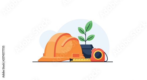 A clean vector illustration featuring an orange hard hat, a measuring tape, and a small potted plant on a surface.