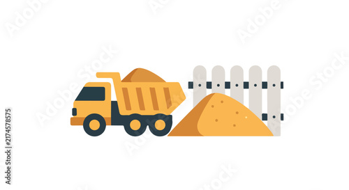 A flat vector illustration of a yellow dump truck unloading near a pile of sand in front of a white fence.