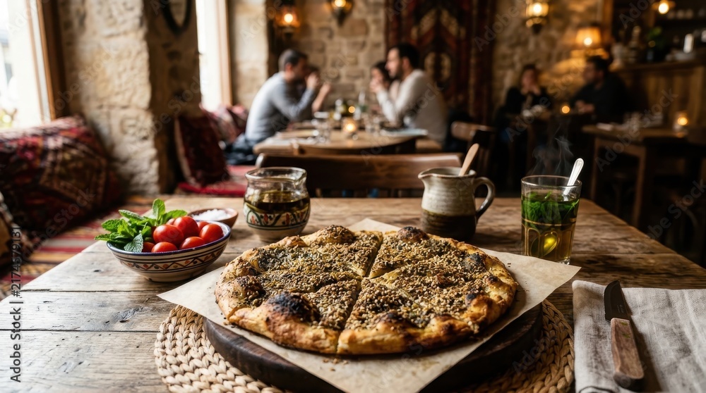 Obraz premium A delicious Middle Eastern flatbread with za'atar, mint tea, and fresh cherry tomatoes served in a cozy restaurant setting.