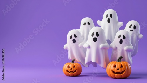 Obraz na płótnie Ghost figures and carved pumpkins on purple background