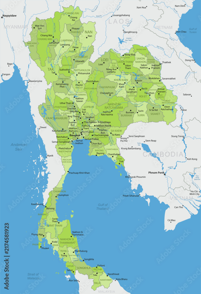 Obraz premium Thailand - Detailed, modern map of the country with cities, capitals, internal territorial boundaries, and major water features. Vector illustration.