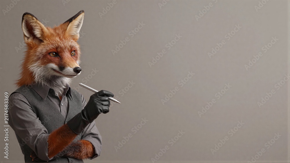 Fototapeta premium A fox in a suit holds a pen, poised for thought against a plain background.