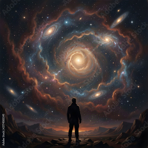 A lone figure stands silhouetted against a vast, star-filled nebula, their gaze fixed on a distant cosmic anomaly
