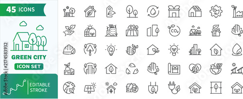 Green city line icon set with editable stroke.Collection of 45 line icons representing eco-friendly and renewable energy outline icons for environmental concepts
