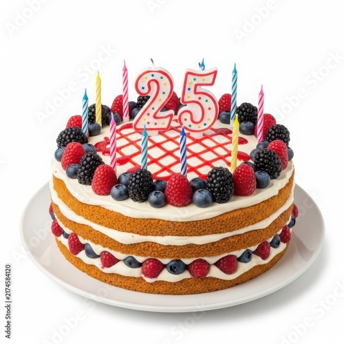 Colorful three-layer birthday cake with 25 candles and fresh berries