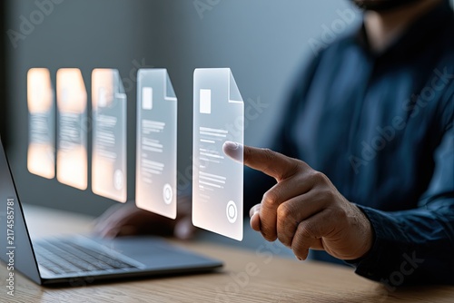 Man Interacting with Futuristic Digital Documents on a Screen.