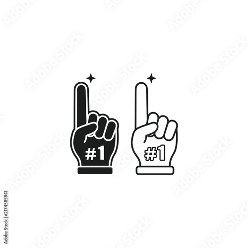 A set of two foam finger icons in black and white styles showing the number one sign for sports fans and competition winners.