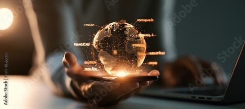 Futuristic Holographic Globe Held in Hand with Digital Data Overlay.