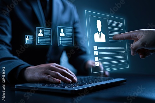 Recruitment process with digital interface and candidate profiles.