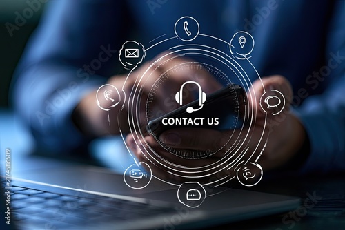 Customer Support Contact Us Hologram with Icons.