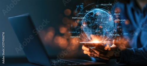 Futuristic Digital Globe Held in Hands Over Laptop, Representing Global Technology and Connectivity.