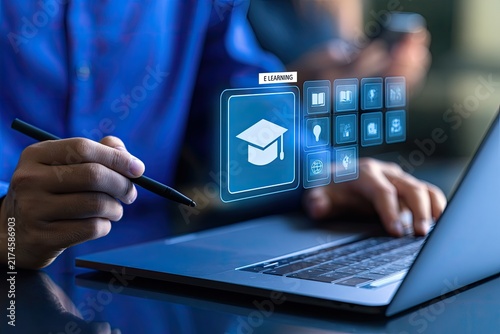 Online Education Concept with Digital Graduation Cap Icon and Laptop.