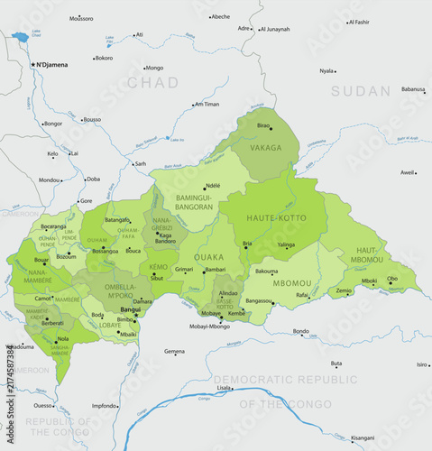 Central African Republic - Detailed, modern map of the country with cities, capitals, internal territorial boundaries, and major water features. Vector illustration.