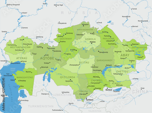Kazakhstan - Detailed, modern map of the country with cities, capitals, internal territorial boundaries, and major water features. Vector illustration.
