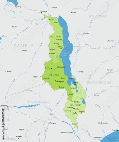 Bild auf Leinwand Malawi - Detailed, modern map of the country with cities, capitals, internal territorial boundaries, and major water features
