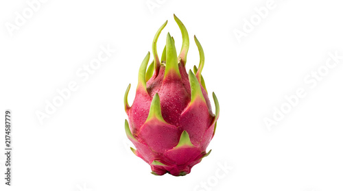 Fresh ripe red dragon fruit pitaya with green scales and water drops