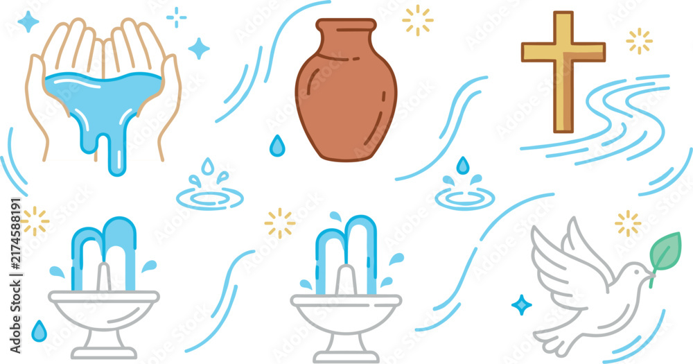 Naklejka premium Christian Baptism and Spiritual Renewal Vector Set with Holy Water Hands, Clay Pitcher, Fountain, Wooden Cross, and Dove Elements
