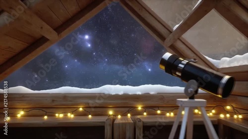 Telescope observing night sky motion inside rustic wooden attic window with twinkling warm fairy lights video