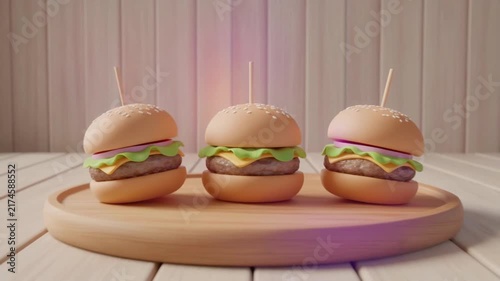 Three delicious 3d rendered burgers resting on wooden board in a looping digital motion clip