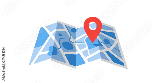 Red map pin on a folded paper map illustration.