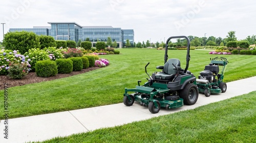 Two green commercial lawn mowers parked on a concrete path beside a landscaped office building with sidewalk next manicured modern glass office