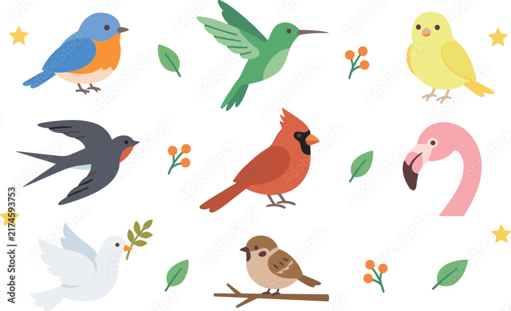 Fototapeta premium Cute Cartoon Birds Vector Set Featuring Hummingbird Bluebird Cardinal Swallow Dove Sparrow Flamingo Canary and Leaves for Spring Wildlife Designs