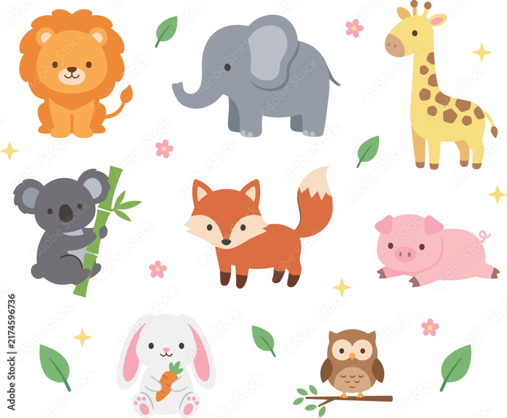 Obraz premium Cute Animal Cartoon Character Vector Sticker Set Featuring Lion Elephant Giraffe Koala Fox Pig Bunny Rabbit and Owl with Green Leaves