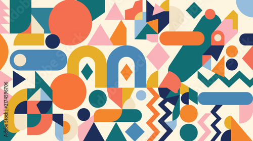 Modern Memphis Style Abstract Pattern with Colorful Geometric Elements