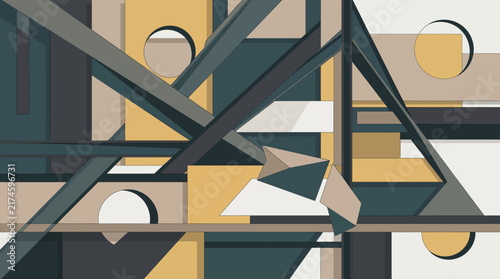 Abstract geometric composition with diagonal lines and circles in muted tones