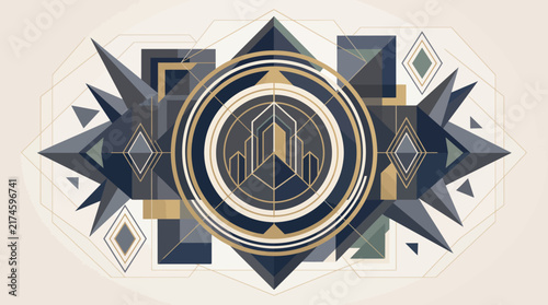 Abstract Geometric Art Deco Emblem with Futuristic Golden Architecture
