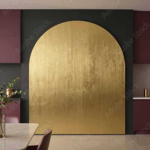 Modern interior with arched brushed gold wall panel