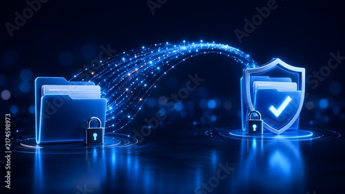 Secure digital file transfer concept illustrating encrypted data flowing between two glowing blue folders with a padlock and protective shield.
