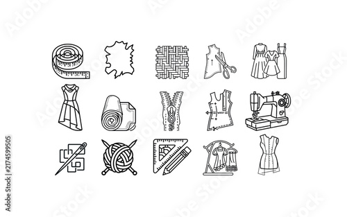 Collection of sewing and tailoring themed outline icons featuring measuring tape, fabric, woven textile, dress, sewing machine accessory, zipper, needle, yarn ball, ruler and pencil. 
