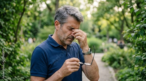 Middle aged man suffering from eye strain on world sight day