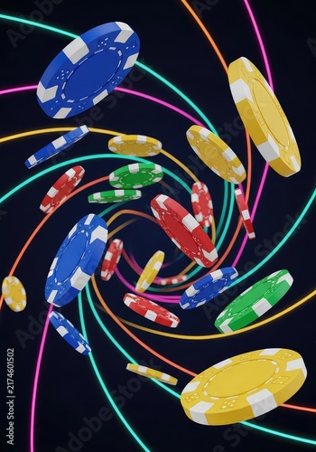 Dynamic composition of colorful casino chips floating and swirling in mid-air against a dark, glowing digital background with neon lights, currency, leisure, depth