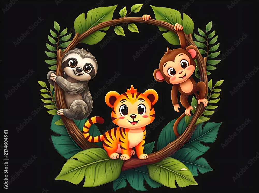 Naklejka premium Cute jungle animals frame with baby tiger sloth and monkey surrounded by tropical leaves. Adorable safari animal illustration for kids t-shirt design apparel print and nursery graphic.