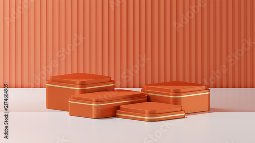 3D rendering of a cube shaped podiums with curved corners. 4 cube podiums with metallic Mango shaders. Podium template for product replacement