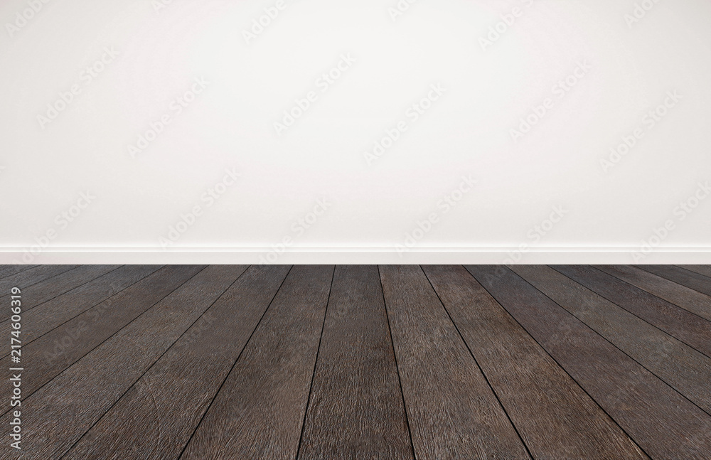 Fototapeta premium Old wood floor and white wall, empty room for background