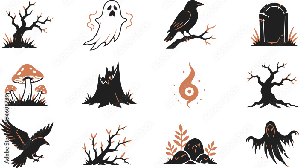 Naklejka premium Halloween spooky icon set with ghosts trees and ravens