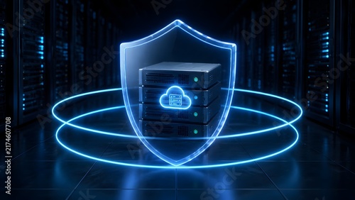 Obraz na płótnie Server rack surrounded by glowing digital shield representing cloud storage protection and data center cybersecurity