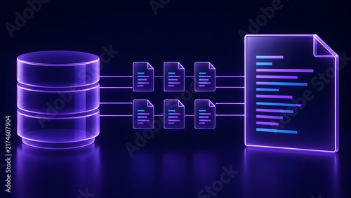 Obraz na płótnie Database server integration concept with glowing purple network lines connecting multiple digital files into one master document for centralized storage