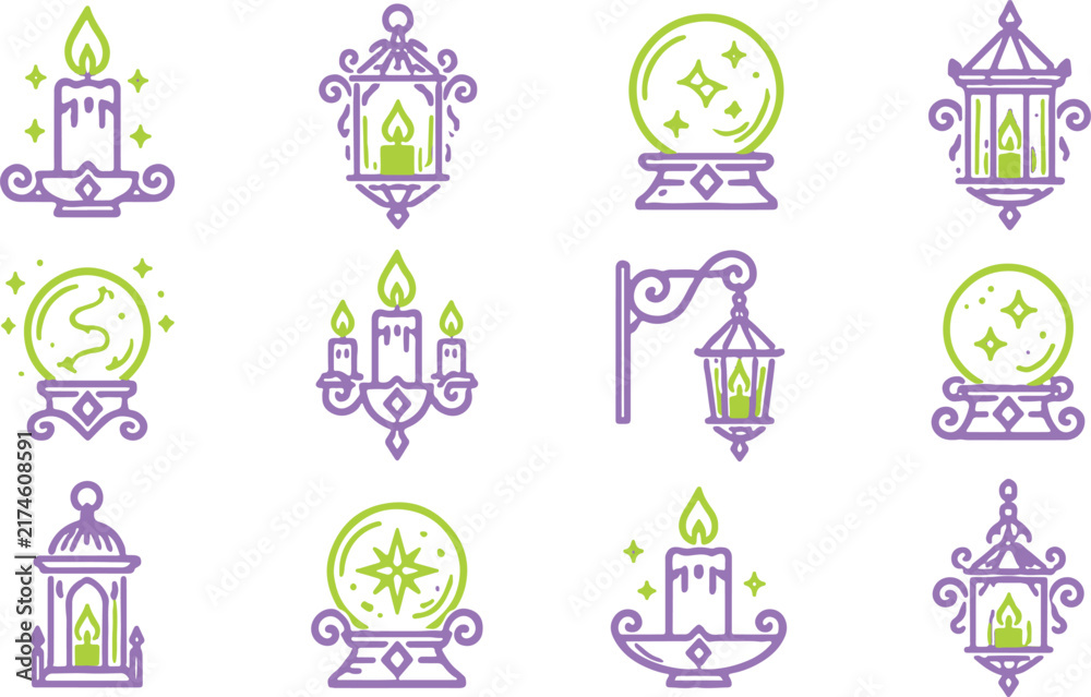 Fototapeta premium Magical occult icons with crystal balls candles and lanterns