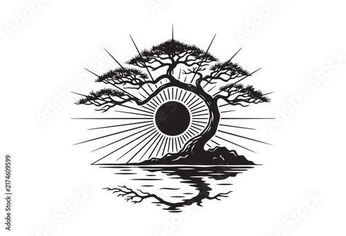 Minimalist japanese tree sunset landscape. Japanese bonsai tree with sun rays and water reflection.