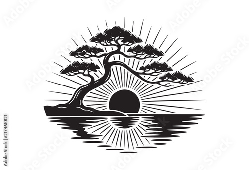 Minimalist japanese tree sunset landscape. Japanese bonsai tree with sun rays and water reflection.