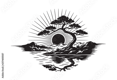 Minimalist japanese tree sunset landscape. Japanese bonsai tree with sun rays and water reflection.