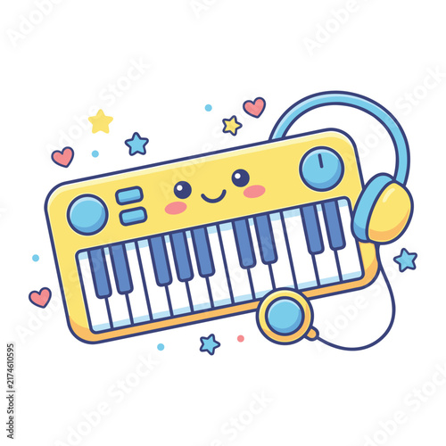 Cute yellow keyboard character with headphones and stars