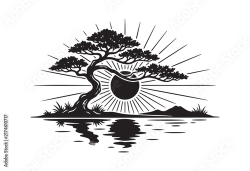 Minimalist japanese tree sunset landscape. Japanese bonsai tree with sun rays and water reflection.
