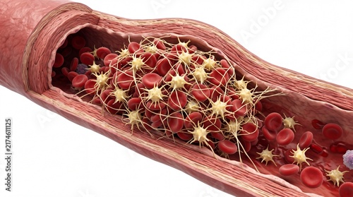 Medical 3D illustration showing blood clot thrombosis inside human artery with red cells and activated platelets trapped by fibrin mesh causing vascular vessel circulation blockage